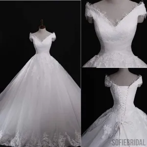 Classic Style Off Shoulder Lace Up Vantage Lace Wedding Dresses, WD0180