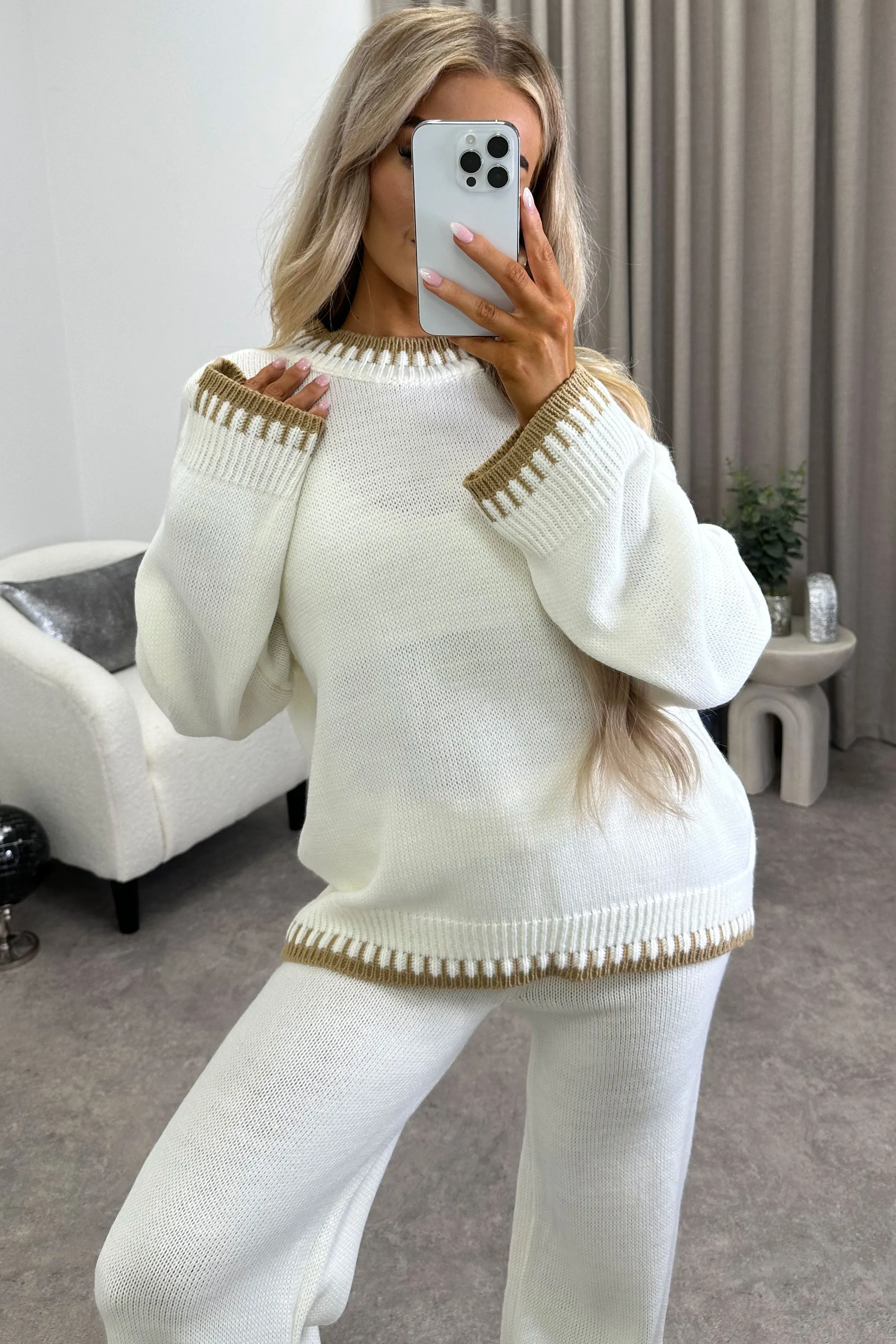 Cloe Cream Contrast Trim Knitted Jumper and Wide Leg Trousers Co-Ord Set