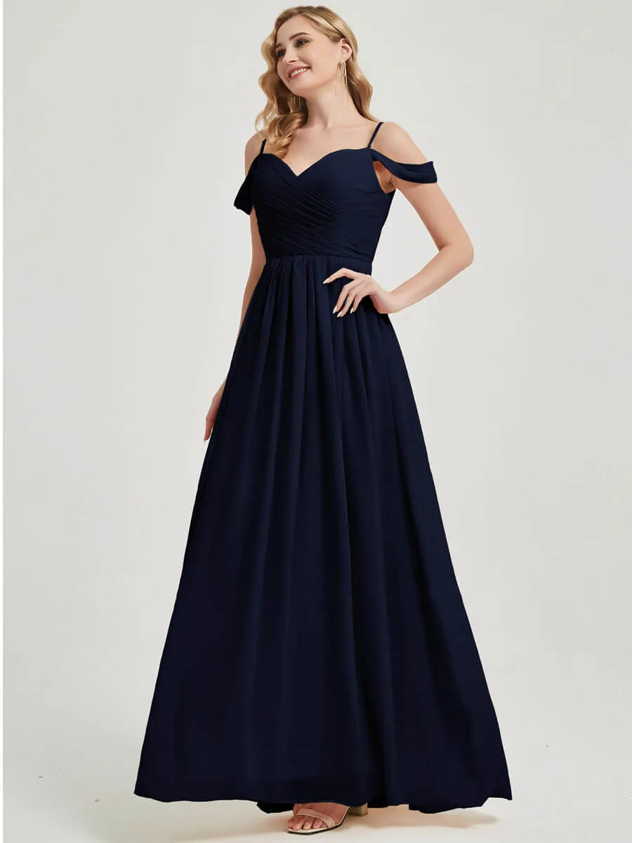 Cold Shoulder Spaghetti Straps Pleated Chiffon Dark Navy Bridesmaid Dress