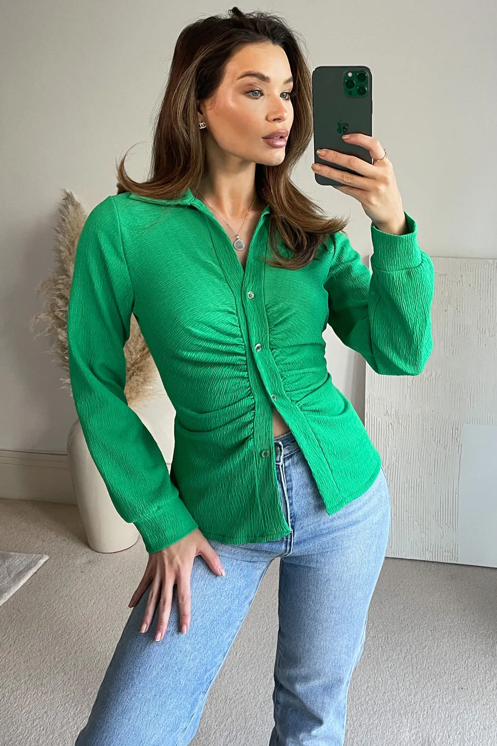 Corene Green Textured Button Up Ruched Top