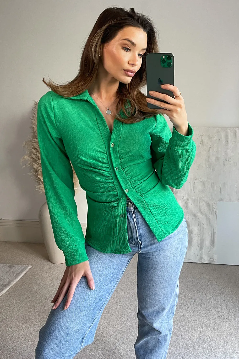 Corene Green Textured Button Up Ruched Top