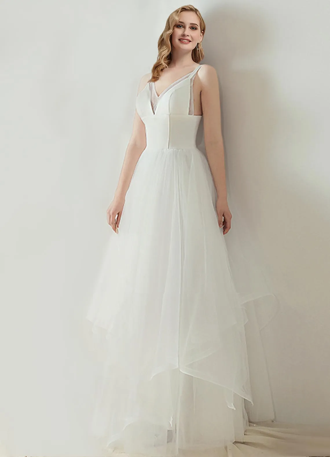 Corset Bodice V-neck Dimensional Cut Irregular Hem Wedding Skirt