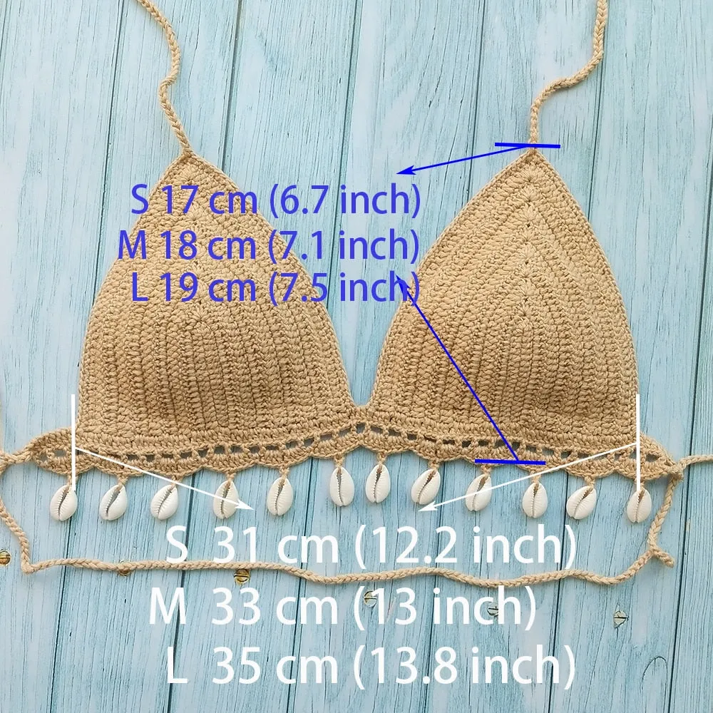 Crochet Bikini Top Lace Up Sides Skirt And Choker Set With Cowrie Shells Choose Black Tan White Or Mixed Available In Small Medium Or Large Triangle Tops With Adjustable Sizing Medium Mini Skirts