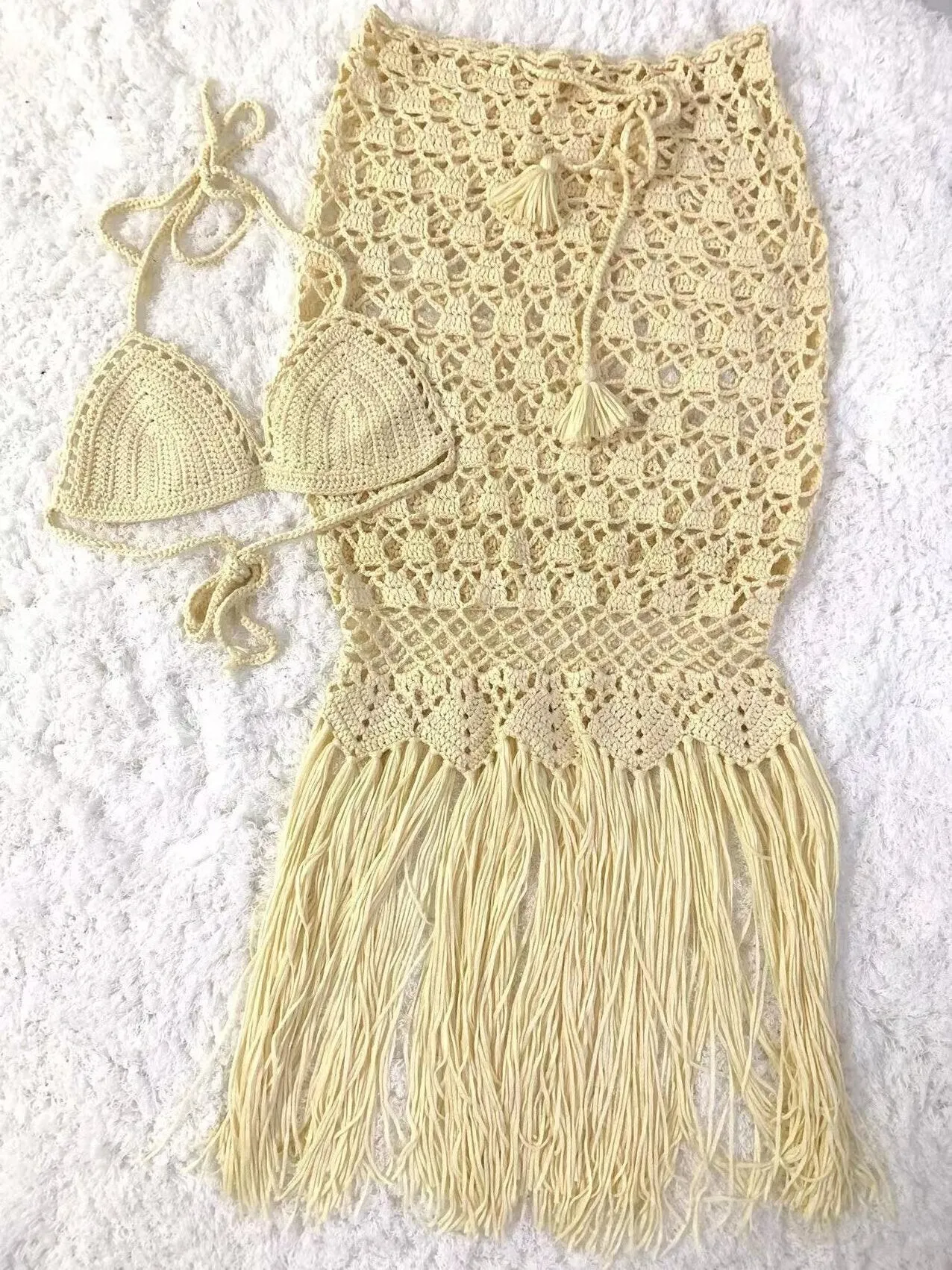 Crochet Maxi Skirt & Bikini Top Set Beige Or Black Handmade Crocheted Long Skirt With Fringe Matching Halter Perfect For Island Vacations Beaches And Cruises Available In Sizes XS Small Medium Or Large