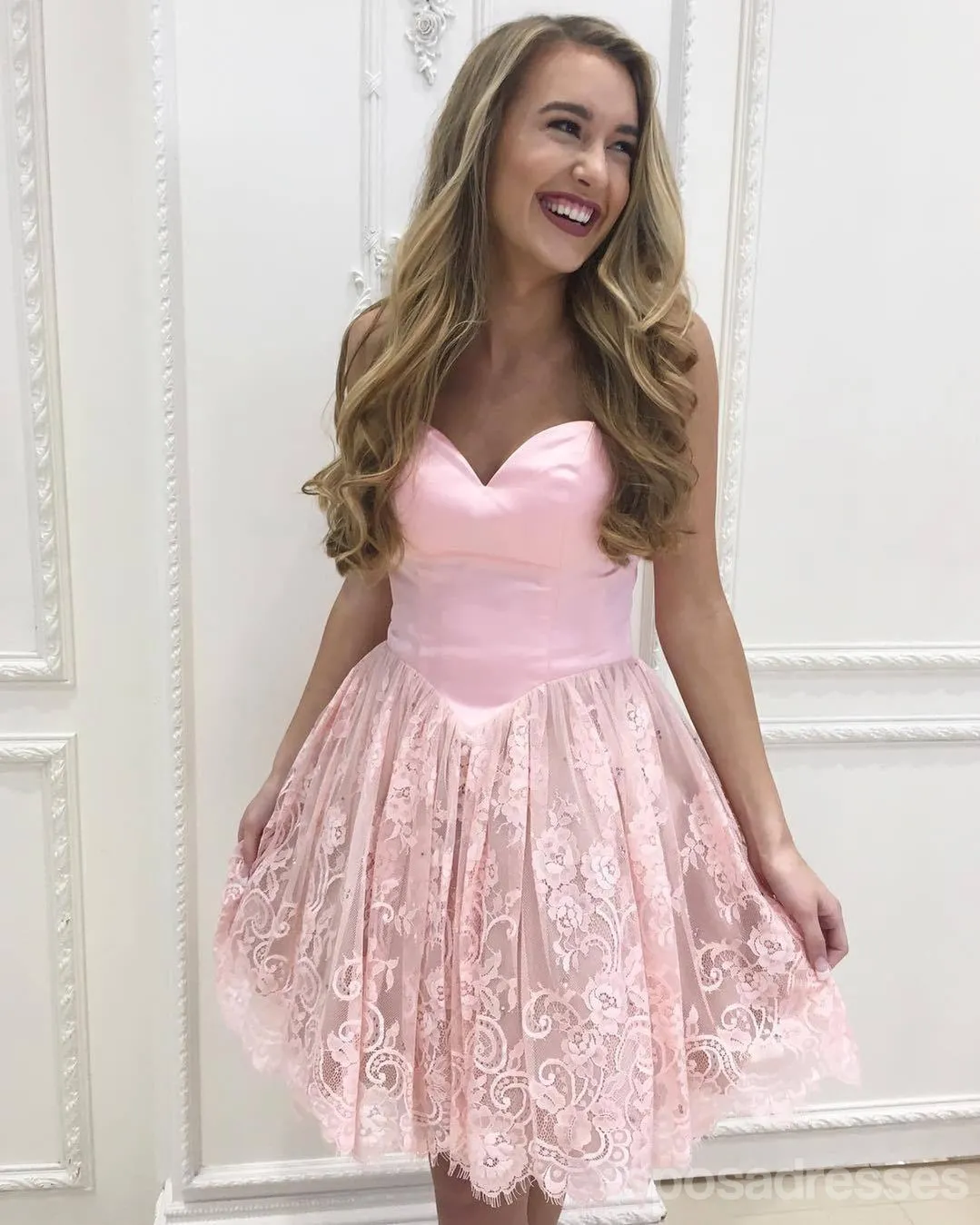 Custom Sweetheart Short Pink Lace Homecoming Dresses 2018, CM522