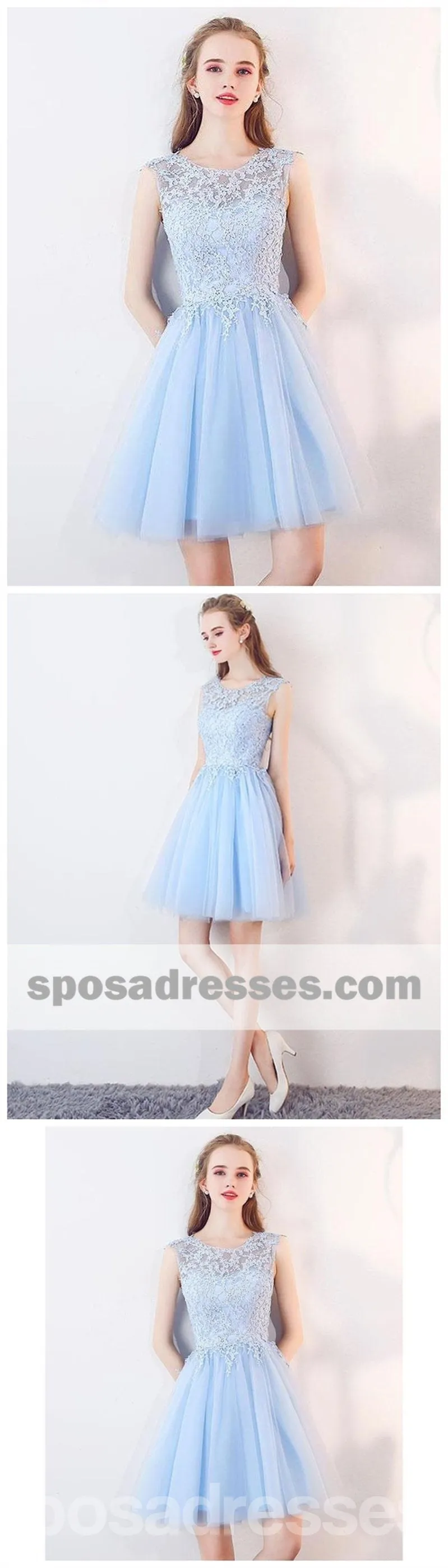 Cute Blue Illusion Lace Cheap Short Homecoming Dresses Online, CM537