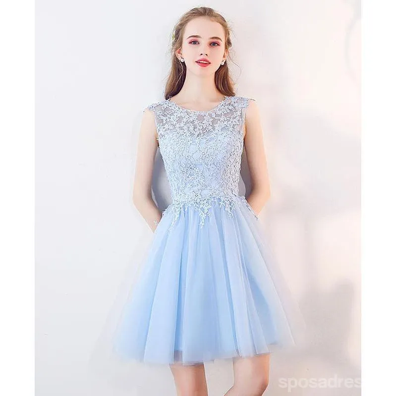 Cute Blue Illusion Lace Cheap Short Homecoming Dresses Online, CM537