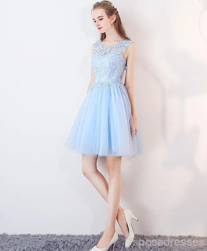 Cute Blue Illusion Lace Cheap Short Homecoming Dresses Online, CM537