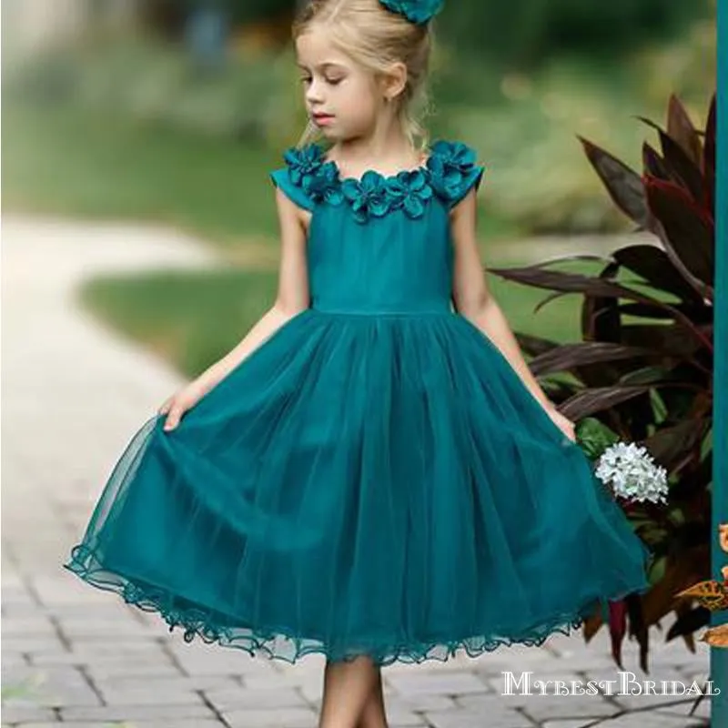 Cute Round Neck Teal Organza Teal-Length Cheap Flower Girl Dresses with Handmade Flowers, FGS0003