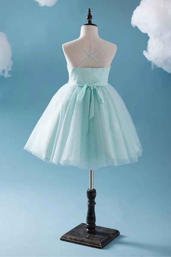 Cute Tiffany Blue Spaghetti Tulle Satin Flower Girl Dresses, Cheap Popular Little Girl Dresses, FGY0112