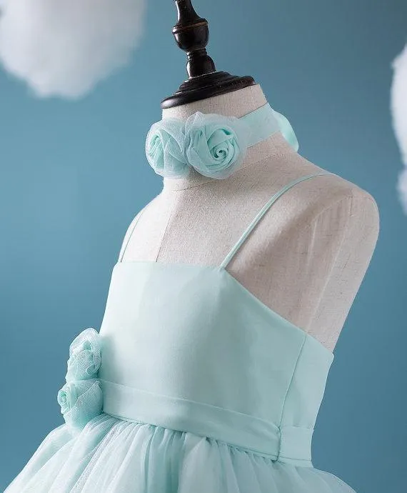 Cute Tiffany Blue Spaghetti Tulle Satin Flower Girl Dresses, Cheap Popular Little Girl Dresses, FGY0112