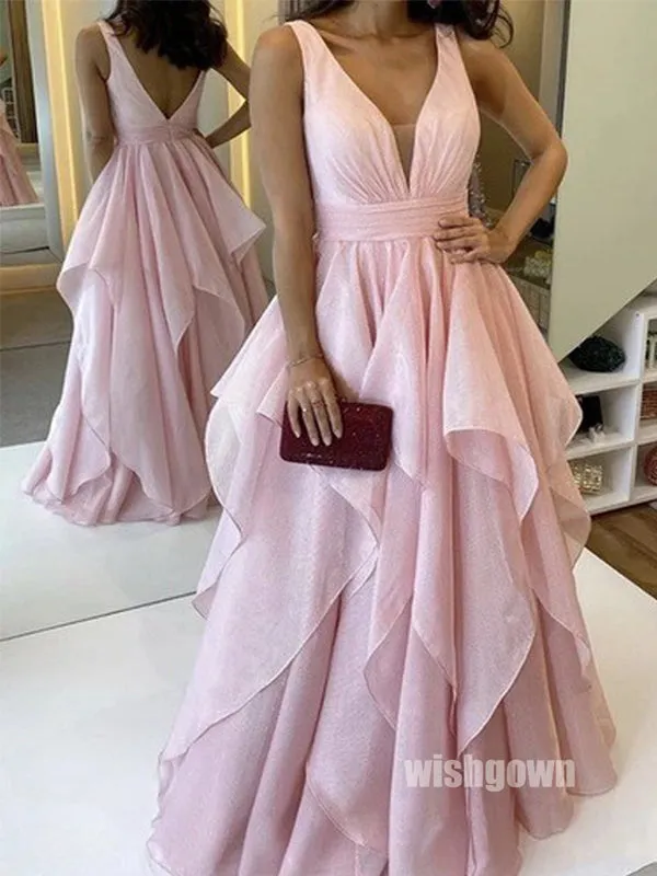 Cute V-neck Pink Ball Gown Long Prom Dresses PG1188