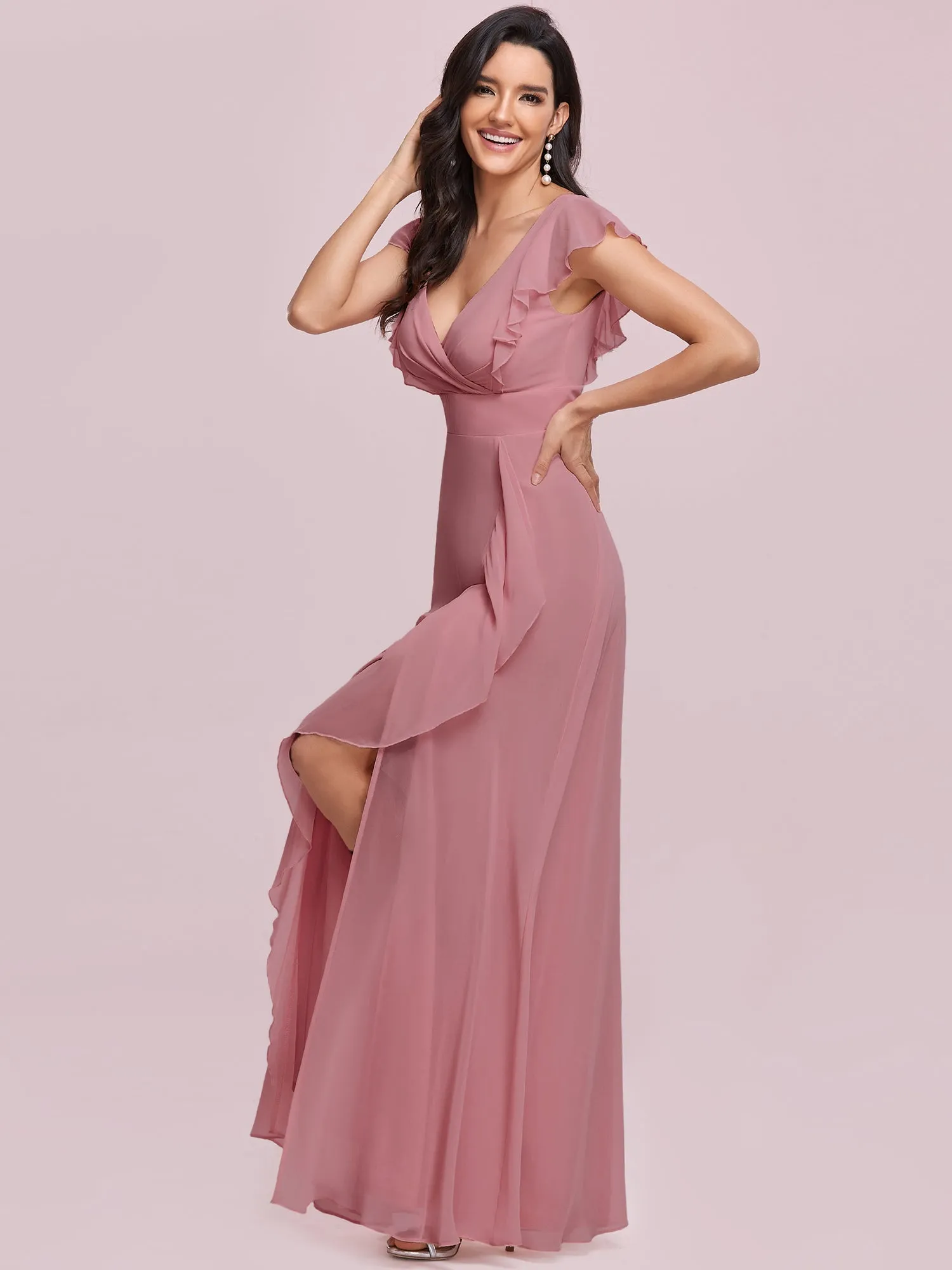 Cute V Neck Wholesale Bridesmaid Dress with Ruffles