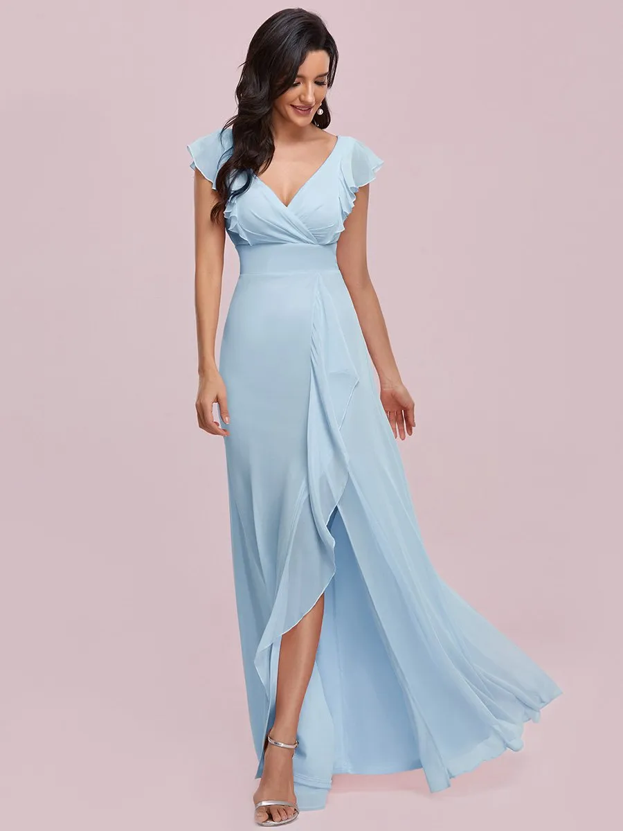 Cute V Neck Wholesale Bridesmaid Dress with Ruffles