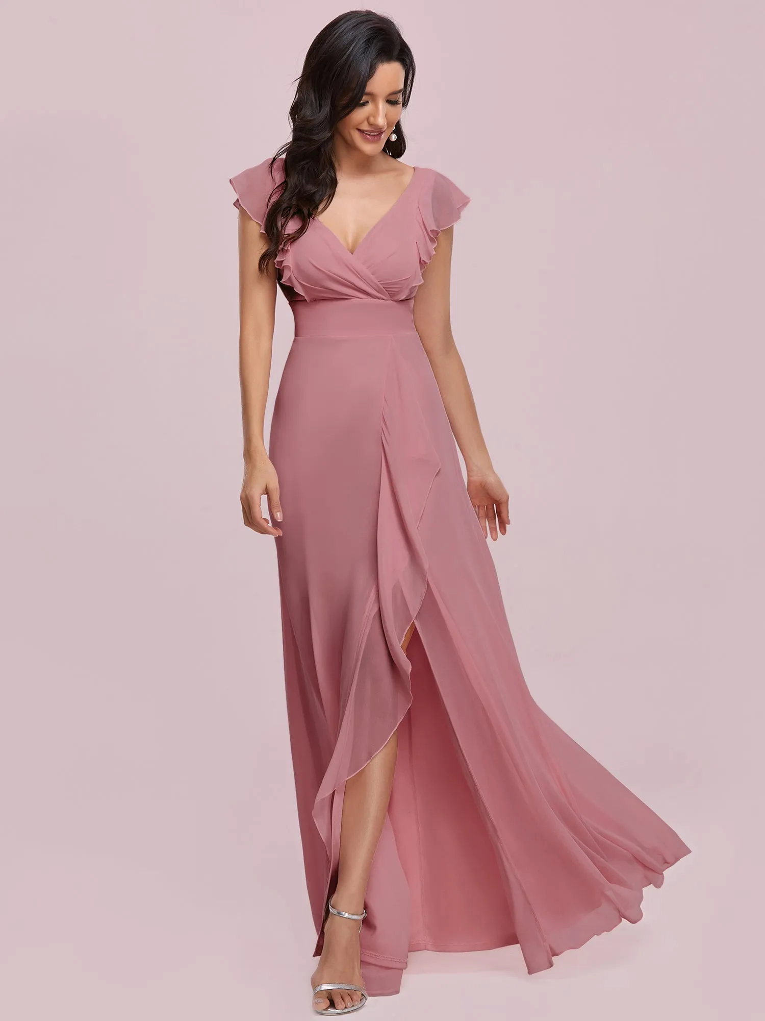 Cute V Neck Wholesale Bridesmaid Dress with Ruffles