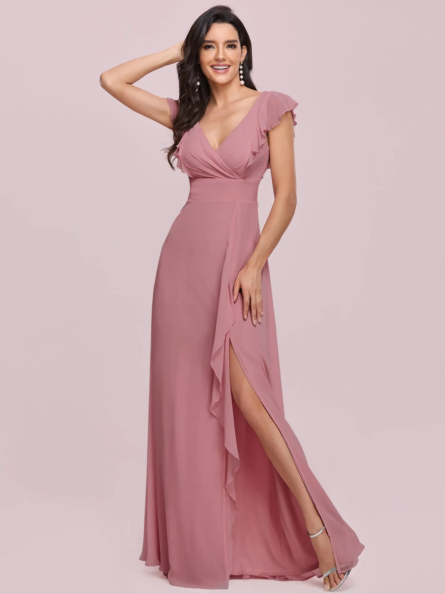 Cute V Neck Wholesale Bridesmaid Dress with Ruffles