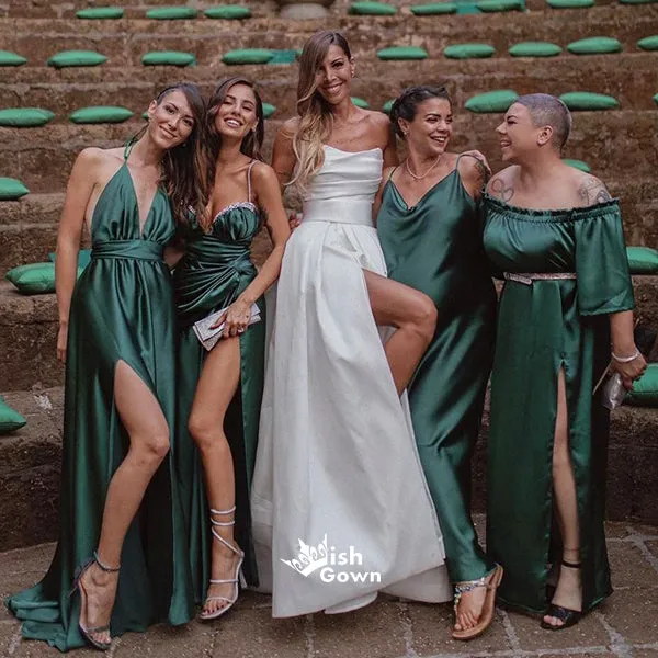 Dark Green Pleated Mismatched Soft Satin A-line Side Slit Bridesmaid Dresses, WGM052