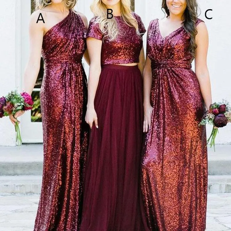 Dark Red Sequin Mismatched Custom Long Bridesmaid Dresses, WGY0250