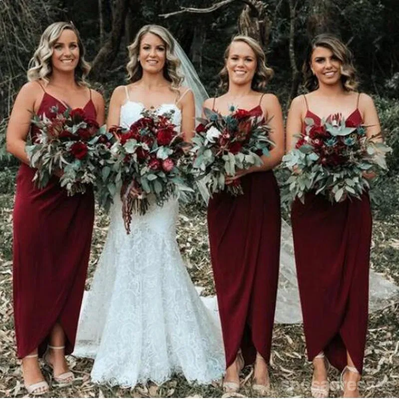 Dark Red Spaghetti Straps  Ankle Length Cheap Bridesmaid Dresses Online, WG677