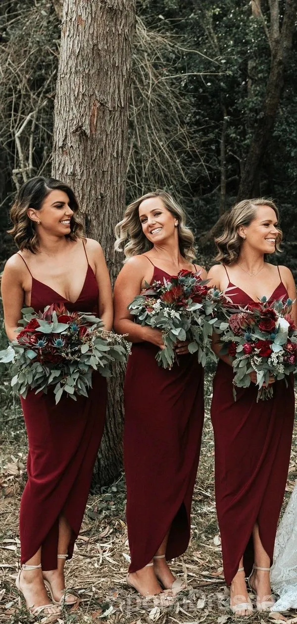 Dark Red Spaghetti Straps  Ankle Length Cheap Bridesmaid Dresses Online, WG677