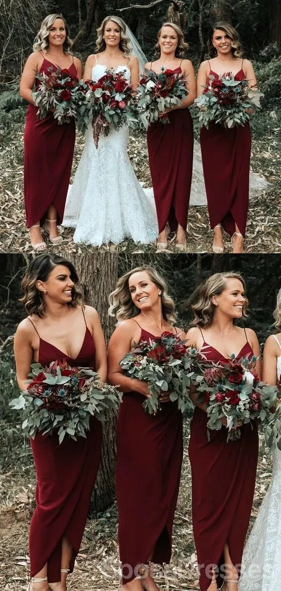 Dark Red Spaghetti Straps  Ankle Length Cheap Bridesmaid Dresses Online, WG677