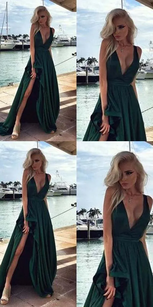 Deep V-neck Dark Green Chiffon Prom Dressses ,Cheap Prom Dresses,PDY0435