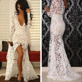 Deep V-Neck Long Sleeve See Through White Lace Front Slit Sexy Prom Dresses, BG0325