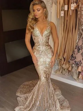 Deep V-Neck Mermaid Gold Beaded Prom Dress ,Cheap Prom Dresses,PDY0410