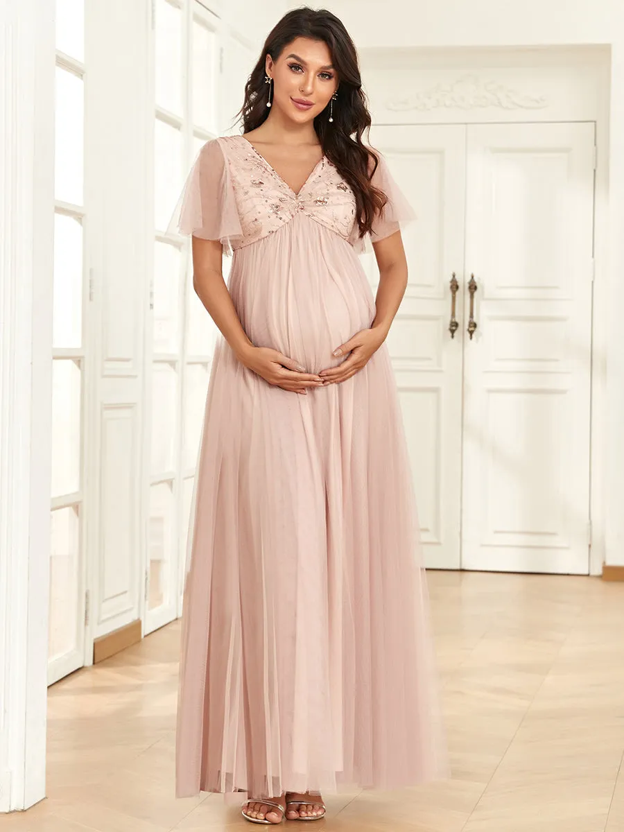 Deep V Neck See Through Ruffles Sleeves Wholesale Maternity Dresses