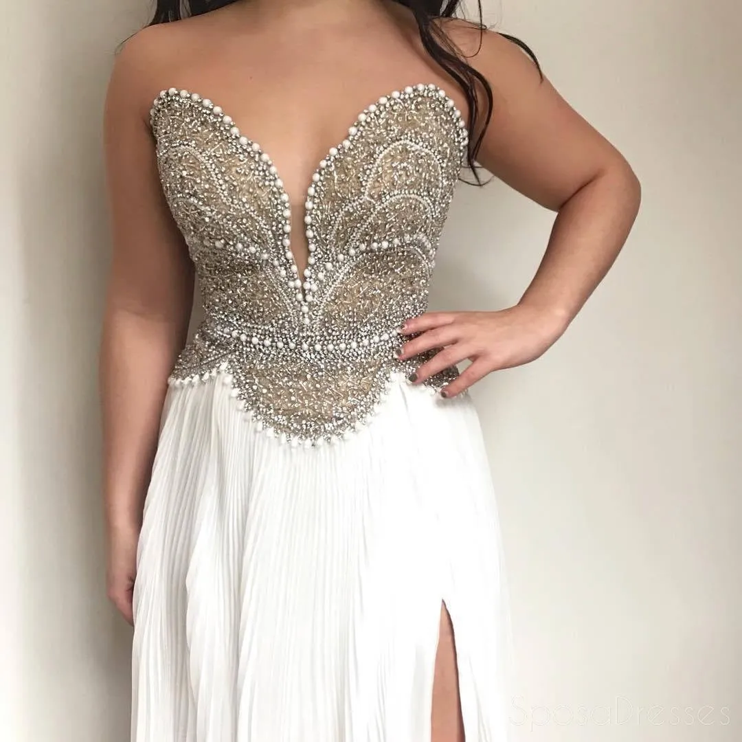 Delicately Beaded Sexy Deep V Neckline Side Slit Long Evening Prom Dresses, Popular Cheap Long Custom Party Prom Dresses, 17317