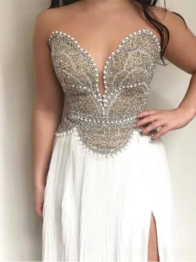 Delicately Beaded Sexy Deep V Neckline Side Slit Long Evening Prom Dresses, Popular Cheap Long Custom Party Prom Dresses, 17317