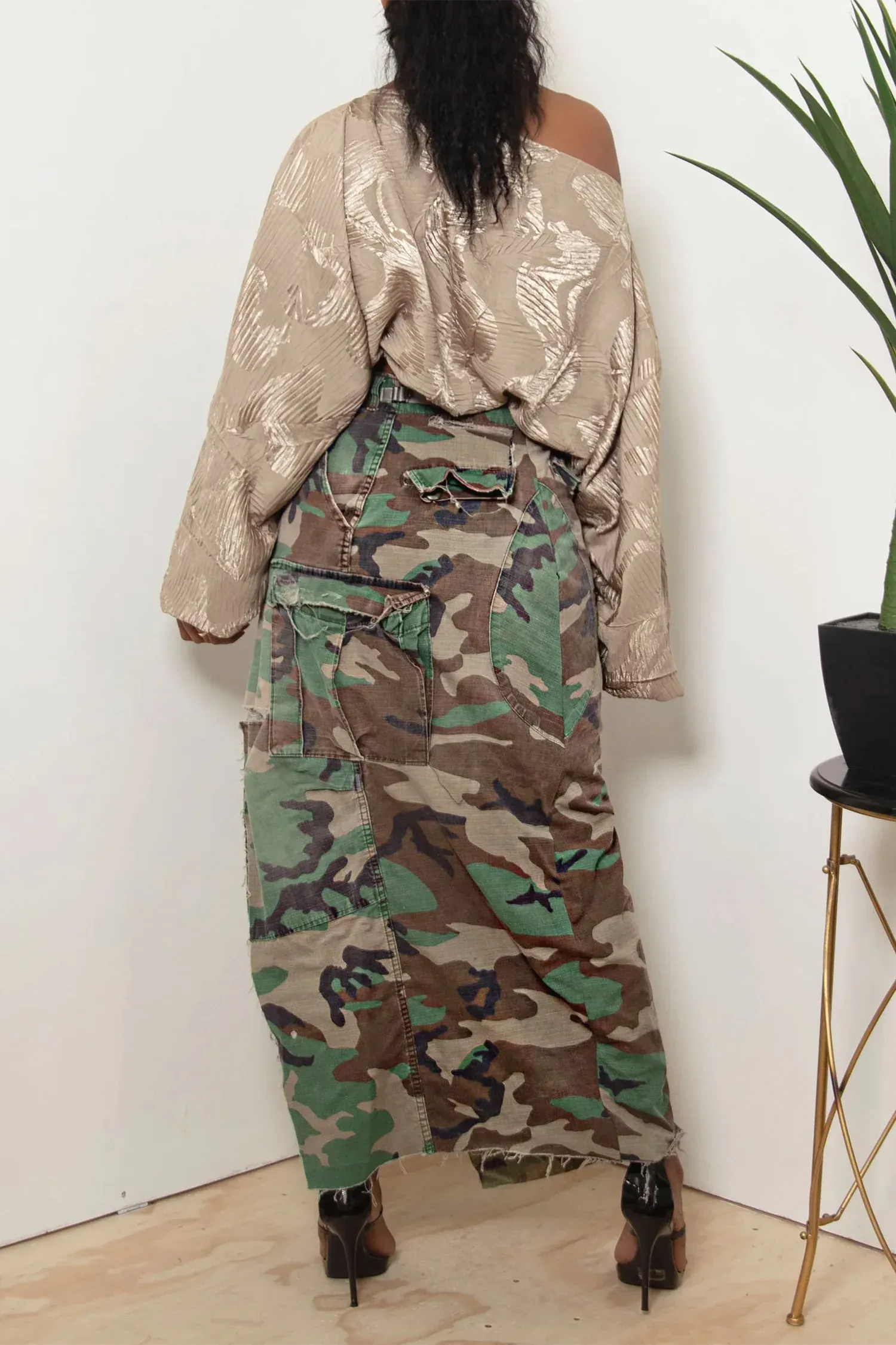 Denim Camouflage Split Long Skirt