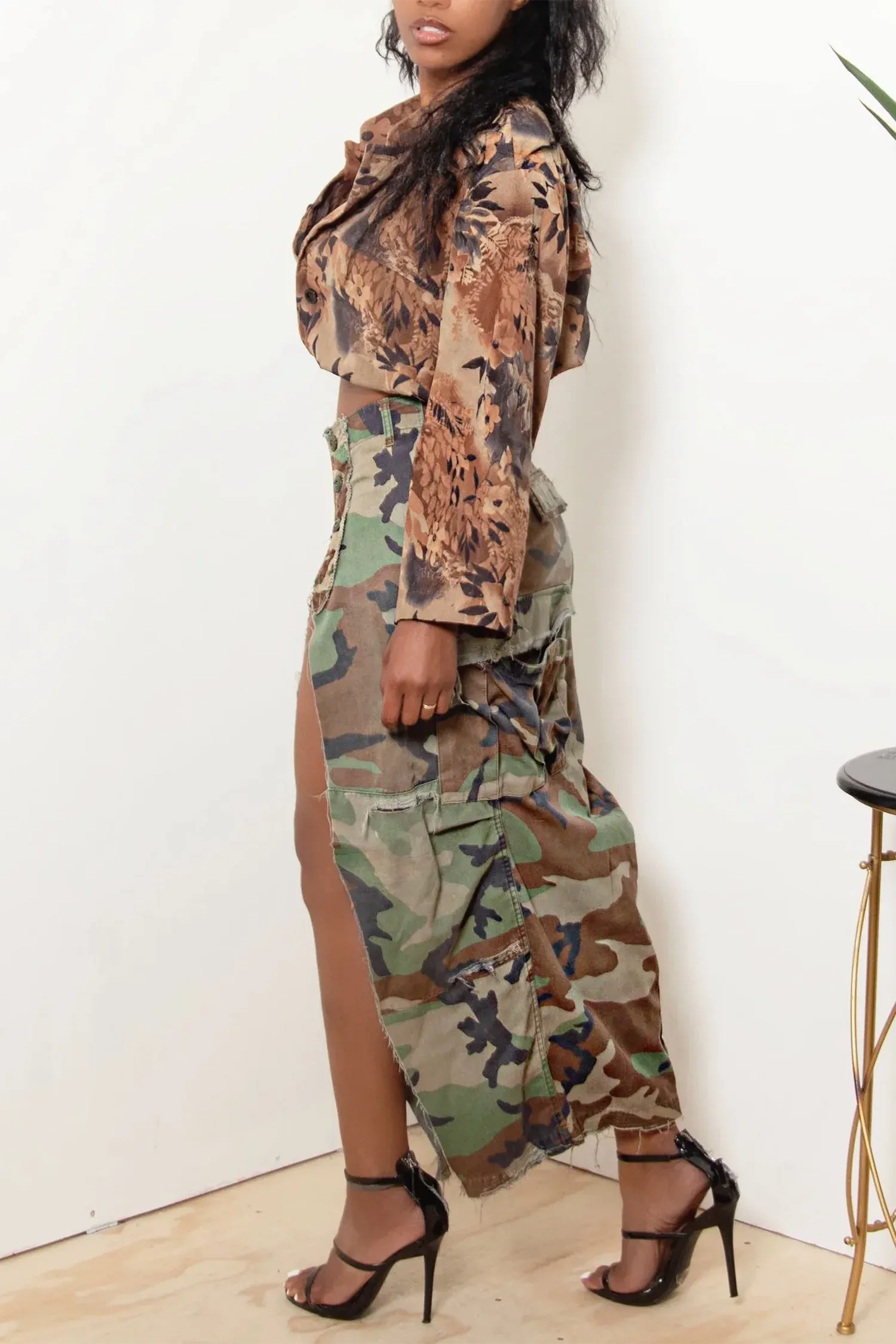 Denim Camouflage Split Long Skirt