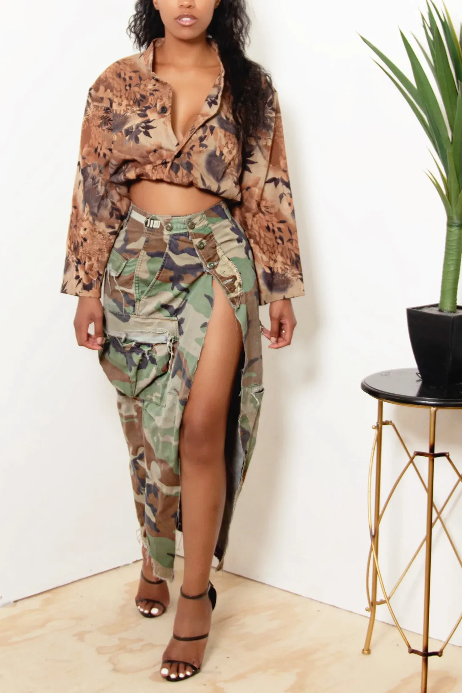 Denim Camouflage Split Long Skirt