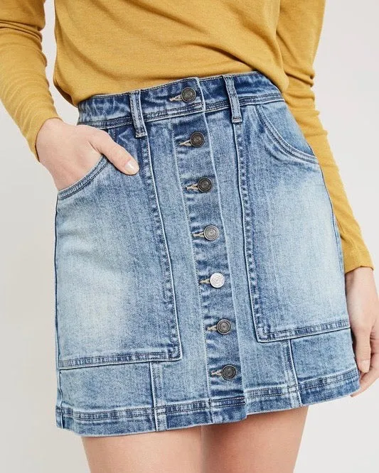 Denim Washed Front Button Down Mini Skirt