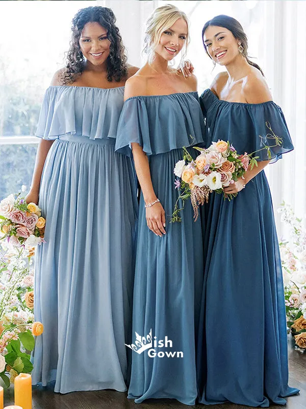 Different Blue Off Shoulder Chiffon A-line Wedding Guest Long Bridesmaid Dresses, WGM025