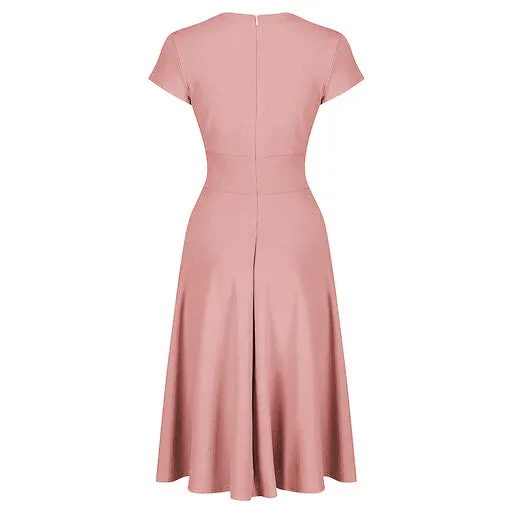 Dusky Pink Vintage A Line Crossover Capped Sleeve Tea Swing Dress