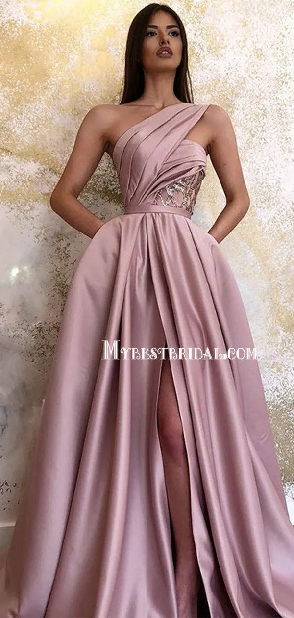 Dusty Pink One Shoulder Satin A-line Long Elegant Party Prom Dress,PDY0108