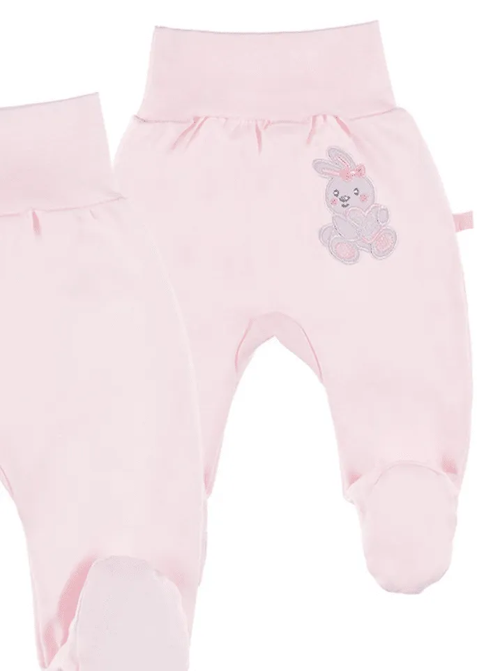 Early Baby Footed Trousers, Embroidered Bunny Rabbit On The Rear - Pink