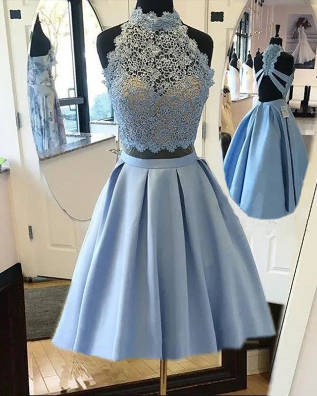 Elegant A Line Halter Lace Crop Top Short Prom Dresses Two Piece