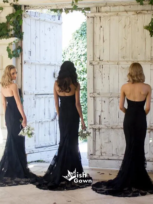 Elegant Black Strapless Sweetheart Mermaid Tulle Lace Long Wedding Bridesmaid Dresses, WGM036