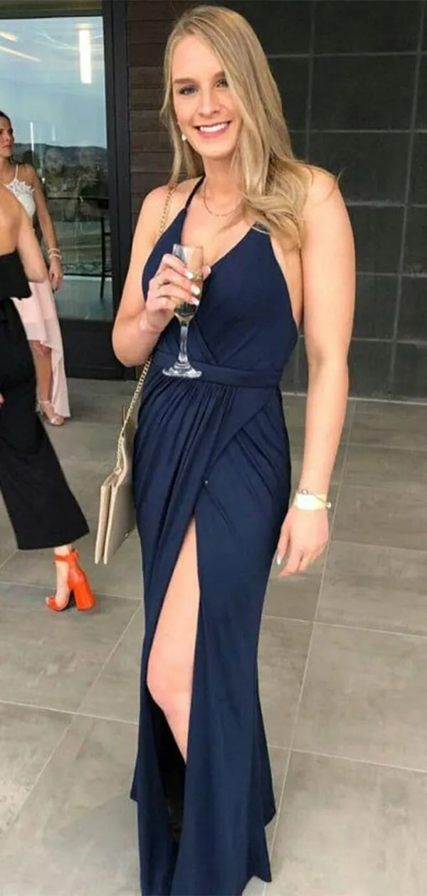 Elegant Blue V-Neck Mermaid Spaghetti Strap Side Slit Popular Long Evening Dresses, Formal Dresses, Birthday Party, WGP638