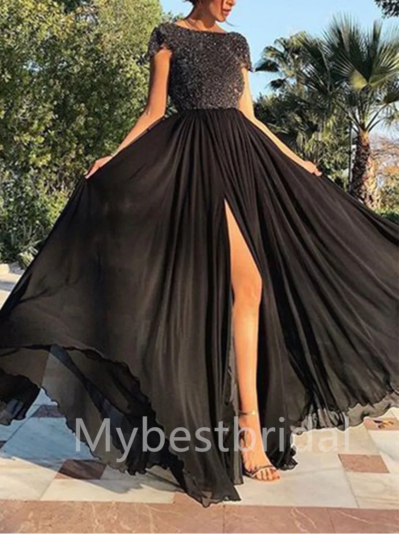 Elegant Cap sleeves Side slit A-line Prom Dresses, PDS0475