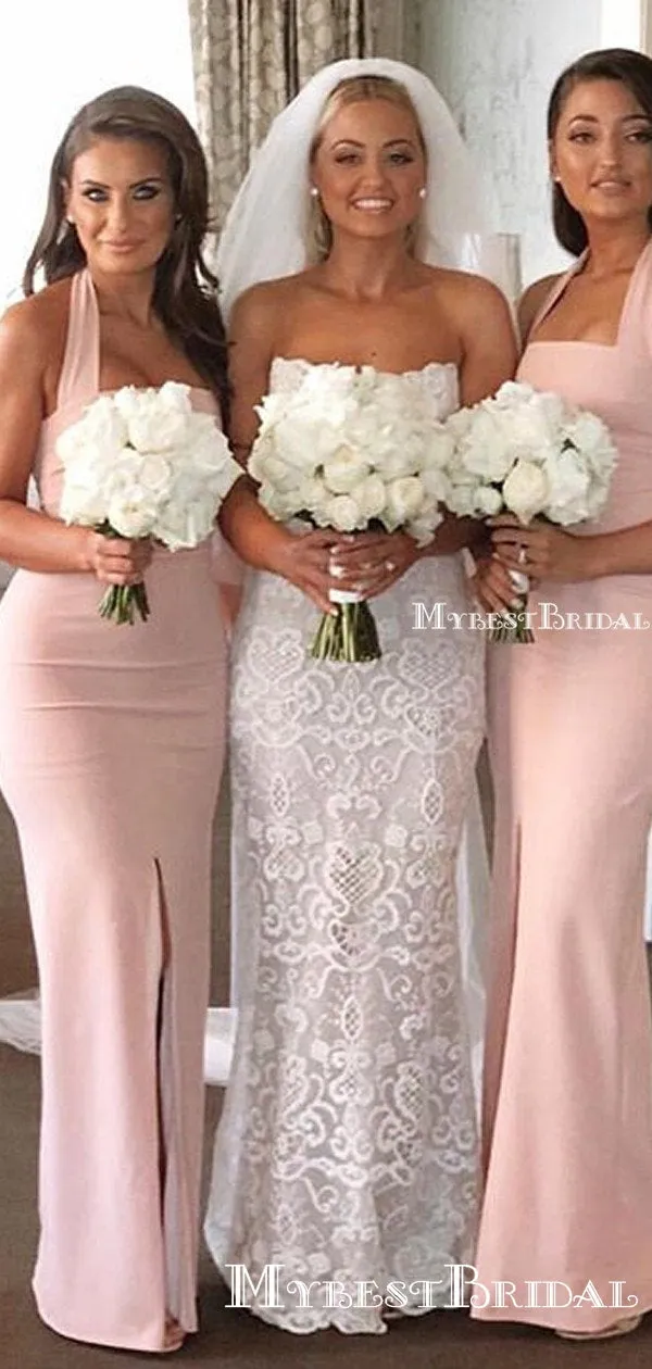 Elegant Halter Pink Double FDY Mermaid Long Cheap Bridesmaid Dresses, BDS0052