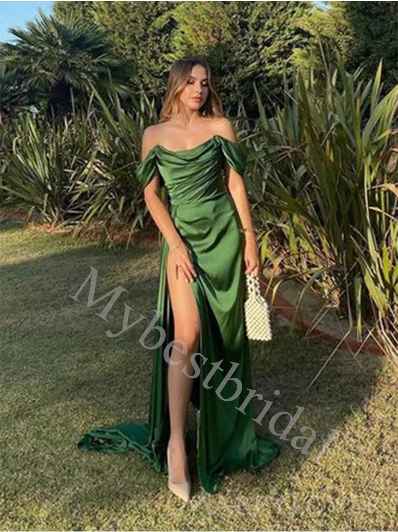 Elegant Jewel Off shoulder Side slit Sheath Prom Dresses,PDS0695