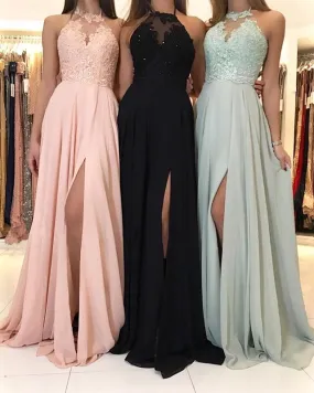 Elegant Lace Halter Long Chiffon Split Bridesmaid Dresses