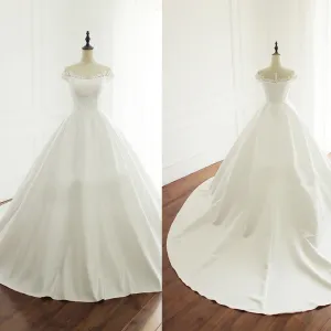 Elegant Simple Satin Appliques Beads Cap Sleeve Ball Gown Yarn Scoop Neck  Chapel Trailing Wedding Dress, AB1096