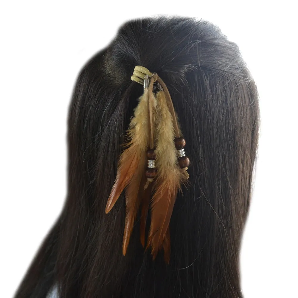 Feather Hair Tie Ponytail Holder With Wooden Beads Indian Scrunchy Hair Elastic Bohemian Western Cowgirl Boho Available In Brown Or Black You Choose