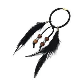 Feather Hair Tie Ponytail Holder With Wooden Beads Indian Scrunchy Hair Elastic Bohemian Western Cowgirl Boho Available In Brown Or Black You Choose