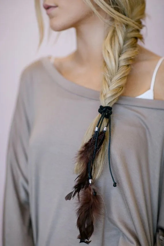 Feather Hair Tie Ponytail Holder With Wooden Beads Indian Scrunchy Hair Elastic Bohemian Western Cowgirl Boho Available In Brown Or Black You Choose